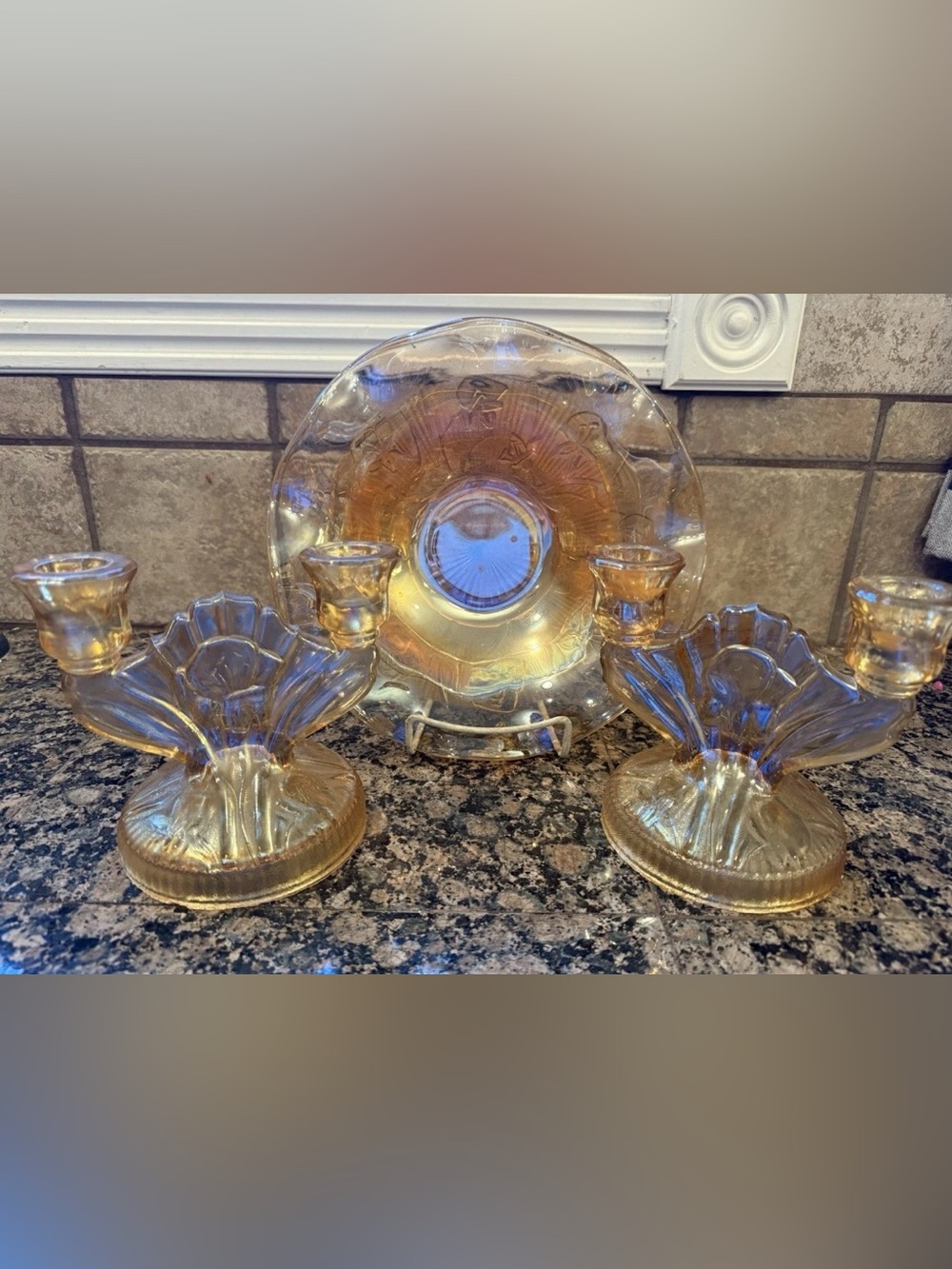 Lot 3 Jeannette Iris Herringbone Serving Bowl 2 Candleholders Gold Carnival